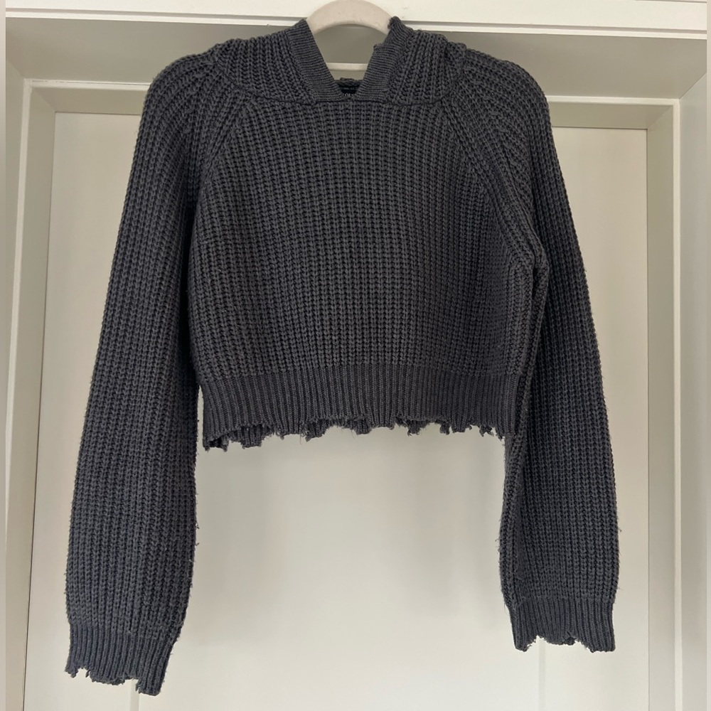Women's Dark Gray Knit Hooded Cropped Sweater